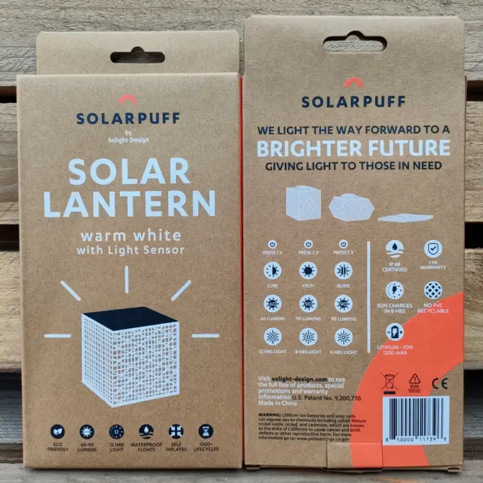 SolarPuff med varmt hvidt lys og lyssensor. Kriseparat til 3 døgn uden strøm. Solcelle lanterner